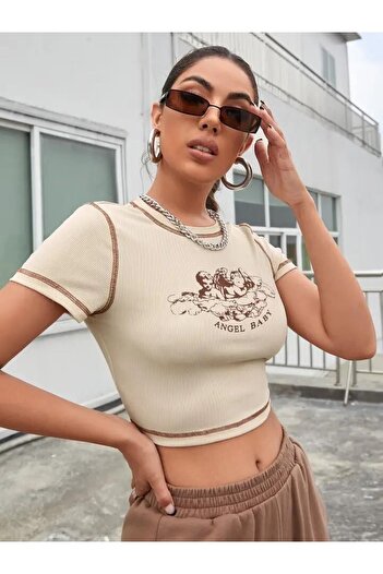 Köstebek Angel Baby Beige Brown Stitching Detail Short Sleeve Half T-shirt