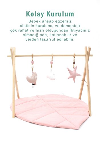 mordesign Doğal Ahşap Bebek Egzersiz Aleti, Bebek Ahşap Oyun Alanı, 3'lü El Yapımı Oyuncak Ve Oyun Matı Seti