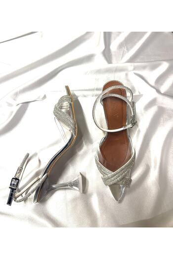 TrendyAnka Women's Princess Silver Tan Transparent Cross Stone 8 Cm Transparent Heeled Pointed Toe Evening Dress Shoes