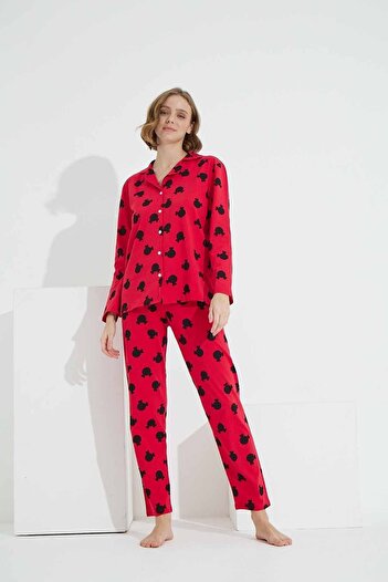 Siyah İnci Red Black Mouse Patterned Cotton Buttoned Knitted Pajama Set