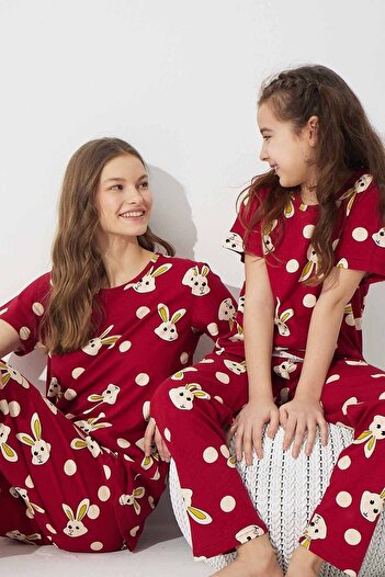 Siyah İnci Burgundy Rabbit Patterned Cotton Knitted Pajama Set