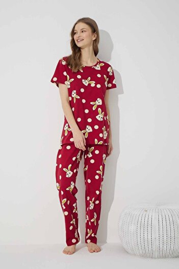 Siyah İnci Burgundy Rabbit Patterned Cotton Knitted Pajama Set
