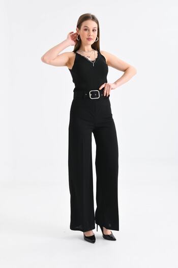 VOLT CLOTHİNG Women's Wide Leg Belt Detailed Fabric Trousers
