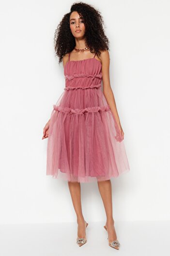 Trendyol Collection Βραδινό φόρεμα A-Cut Dried Rose Tulle - Φόδρα, κομψό TPRSS23EL00470