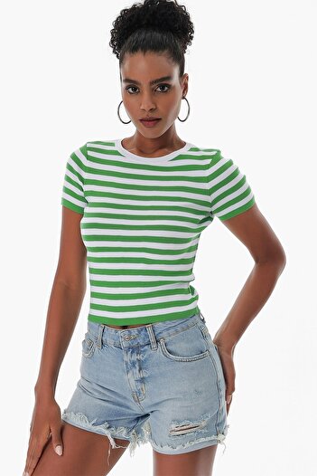CHUBA Women's Crew Neck Striped Short Sleeve Knitwear T-shirt Green-white 23s1011