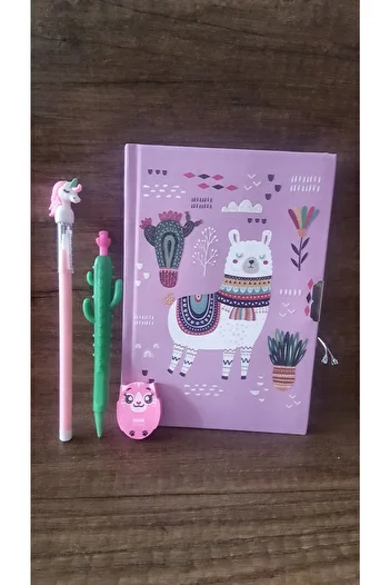 ÇİLEKHOMEAVM Lama Locked Souvenir and Diary Notebook Unicorn Versatil Pen-Watermelon Pen-Eraser