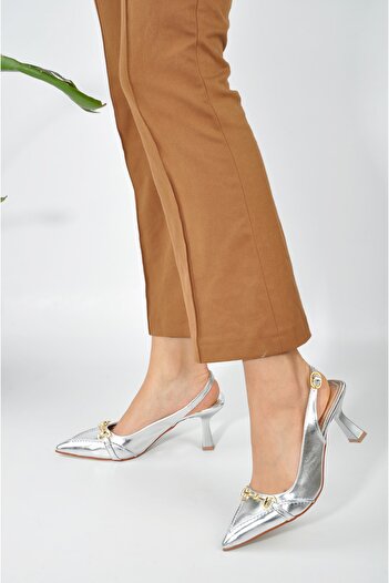 KOTAN Silver Leather Buckle Detail Women's Stiletto