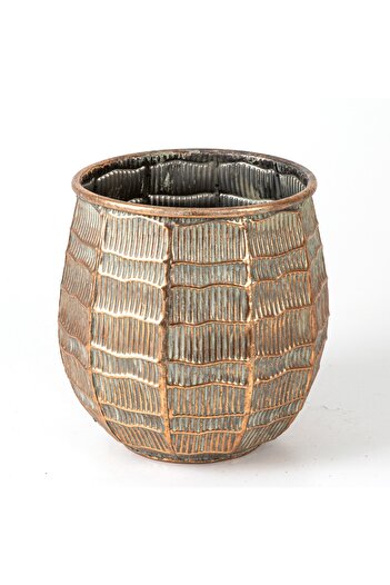 Herdekora Kabartma Çizgi Desenli Metal Çiçeklik Saksı Bakır Eskitme-gri 24x23x24 Cm.