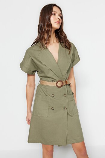 Trendyol Collection Khaki Belted Double Breasted Collar Mini Pocket Woven Jacket Dress TWOSS23EL01013