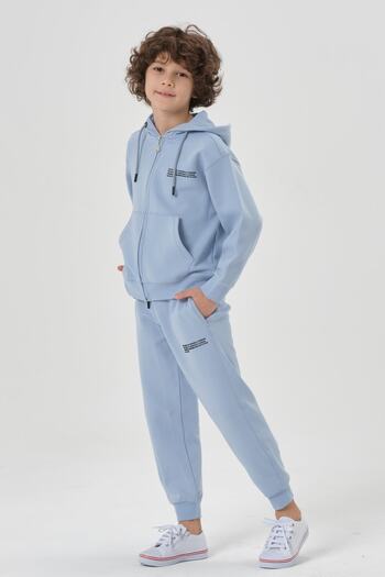 Black One Lycra Free Double Face Interlock Fabric Seasonal Print Detailed Pocket Corded Boys' Tracksuit