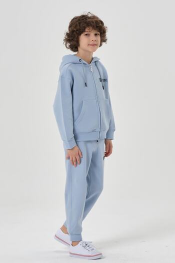 Black One Lycra Free Double Face Interlock Fabric Seasonal Print Detailed Pocket Corded Boys' Tracksuit