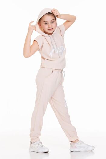 renkli diyar Girl's Top and Bottom Set, Short Sleeve Hooded T-Shirt and Trousers, Two-Piece Set