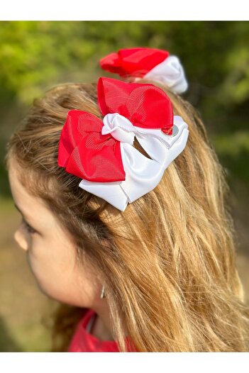 QUEEN AKSESUAR Luxury Red White 2-Piece Flower Bow Side Buckle with Turkish Flag 23 April 19 May School Show Eid