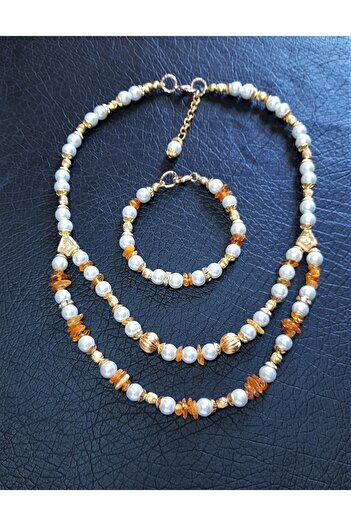 Asteria Elite Amber And Plated Beaded Necklace Bracelet Set