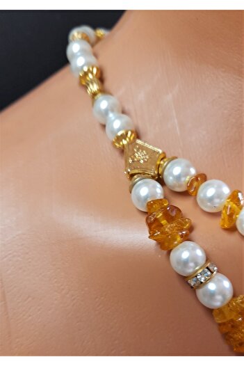 Asteria Elite Amber And Plated Beaded Necklace Bracelet Set