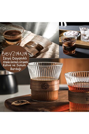 BEYZANA Heat Resistant Borosilicate Wooden Detailed Origami Shaped Cup | Coffee and Presentation Cup - 1 Piece
