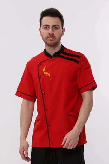 Uniprom Red Embroidered Short Sleeve Cook Jacket - Sheer with Pockets