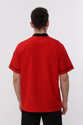 Uniprom Red Embroidered Short Sleeve Cook Jacket - Sheer with Pockets