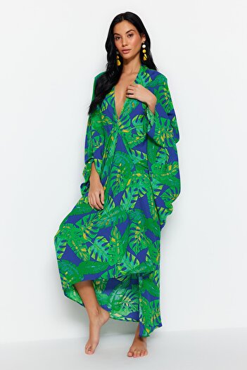 Trendyol Collection Trópusi mintás széles szabású Maxi Woven Gathered strandruha TBESS23EL00274