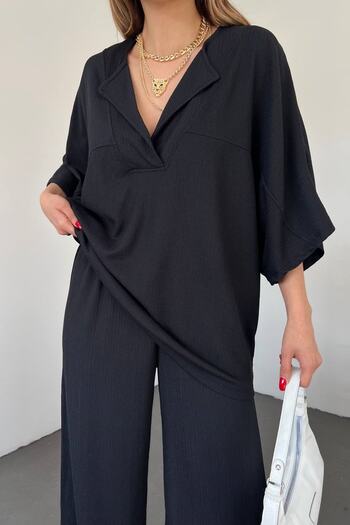 bayansepeti Black Seersucker Bat Sleeve Design V-Neck Blouse And Trousers Oversize Double Suit 9581