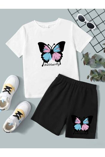 LePold Double Set Printed Girls' T-shirt Shorts Set