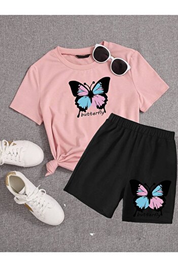 LePold Double Set Printed Girls' T-shirt Shorts Set