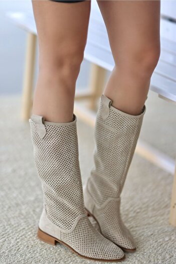 selinshoes Eliana Calf Suede Summer Long Women's Cowboy - Beige