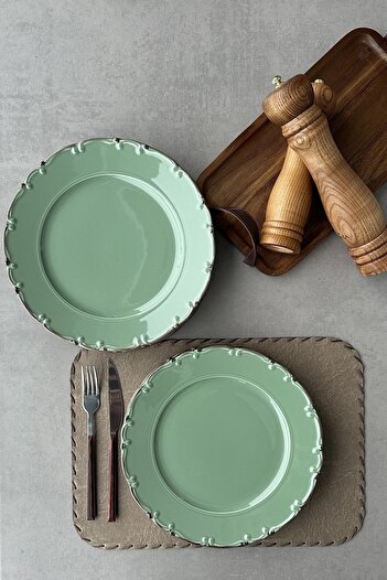 porselenden Bastien Green Handmade Porcelain Serving Plate Set for 6 People 25 Cm