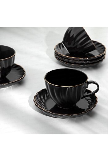 Nehir Porcelain Gilded Teacup Set Set for 6 Persons Black