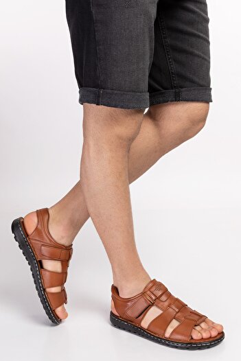 Akgün Terlik Men's Tan Genuine Leather Orthopedic Sole Comfortable Sandals