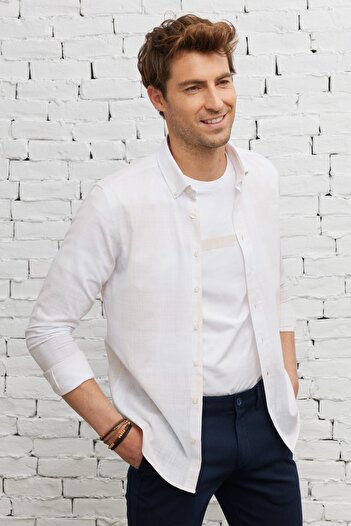 AC&Co / Altınyıldız Classics Men's Beige-white Slim Fit Narrow Cut Button Collar 100% Cotton Striped Shirt