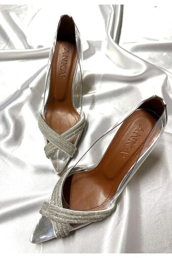 TrendyAnka Women's Princess Silver Tan Transparent Cross Stone 8 Cm Transparent Heeled Pointed Toe Evening Dress Shoes