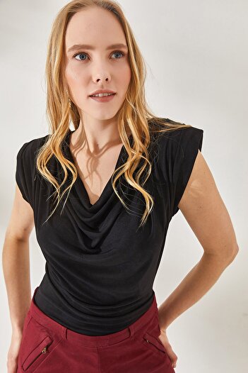 Olalook Women's Black Padded Collar Loose Blouse BLZ-19002217