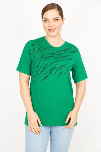 Şans Women's Green Plus Size Crew Neck Front Printed Blouse 65n35897