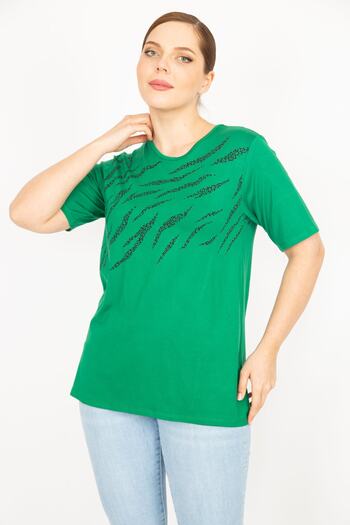 Şans Women's Green Plus Size Crew Neck Front Printed Blouse 65n35897