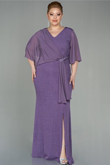 Abiyefon Lavender Short Sleeve Long Silvery Plus Size Evening Dress Abu2857