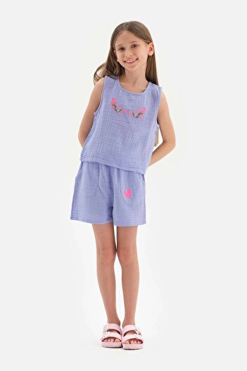 Dagi Lilac Girl's Muslin Embroidered Shorts