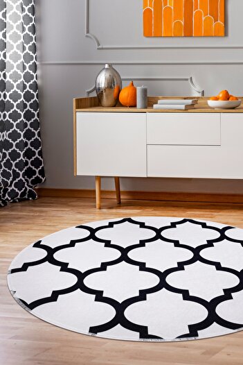 Dijidekor Spade White Fringeless Digital Printed Round Washable Carpet Bath Mat 80x80