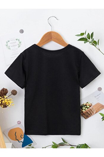 VASK Tricou negru pentru copii, unisex, confortabil, din bumbac, imprimat