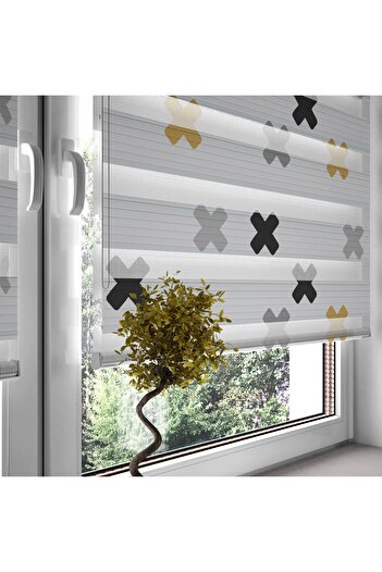 Turuncu Dizayn Gray Crossed X Patterned Digital Printed Zebra Roller Blinds for Children's Room and Playroom