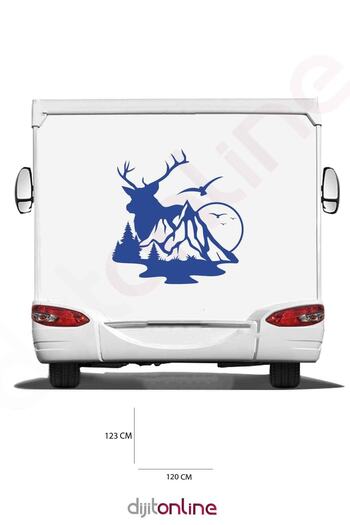 Dijitonline Autocolant Caravană Munte - Autocolant Cerb - Autocolant Pădure și Pasăre - 120x123 Cm