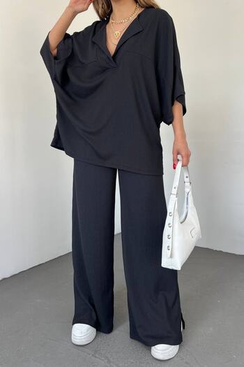 bayansepeti Black Seersucker Bat Sleeve Design V-Neck Blouse And Trousers Oversize Double Suit 9581