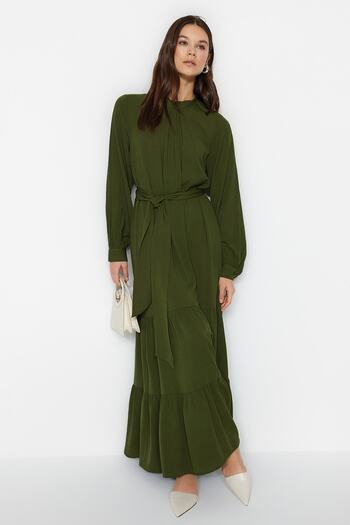 Trendyol Modest Φόρεμα Χακί ζωσμένο με μπαλόνι υφαντό TCTSS23EB00289