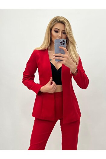 rengamoda Kadın Kırmızı Astarsız Atlas Kumaş Ceket Pantolon Takım Orijinal Görsel Üst 58cm Pantolon 84 Cm