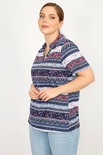 Şans Women's Colorful Large Size Cotton Fabric Polo Collar Blouse 65n35933