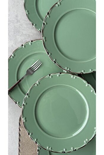 porselenden Bastien Green Handmade Porcelain Serving Plate Set for 6 People 25 Cm