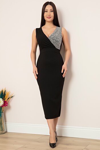 PULLIMM Double Breasted Collar Sequin Detailed Midi Evening Dress 13343