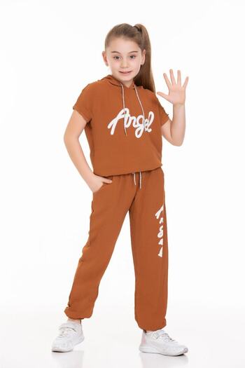 renkli diyar Girl's Top and Bottom Set, Short Sleeve Hooded T-Shirt and Trousers, Two-Piece Set