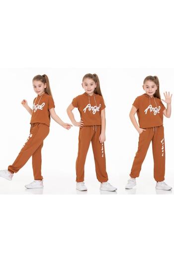 renkli diyar Girl's Top and Bottom Set, Short Sleeve Hooded T-Shirt and Trousers, Two-Piece Set