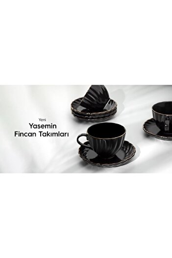 Nehir Porselen Yaldızlı Çay Fincanı Seti Takımı 6 Kişilik Siyah